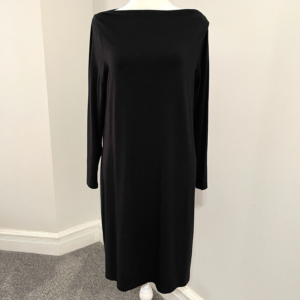 Eileen Fisher Bateau Neck Shift Dress Womens Petite Large Viscose Stretch Black